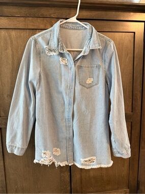 Light Wash Distressed Denim Shirt Jacket